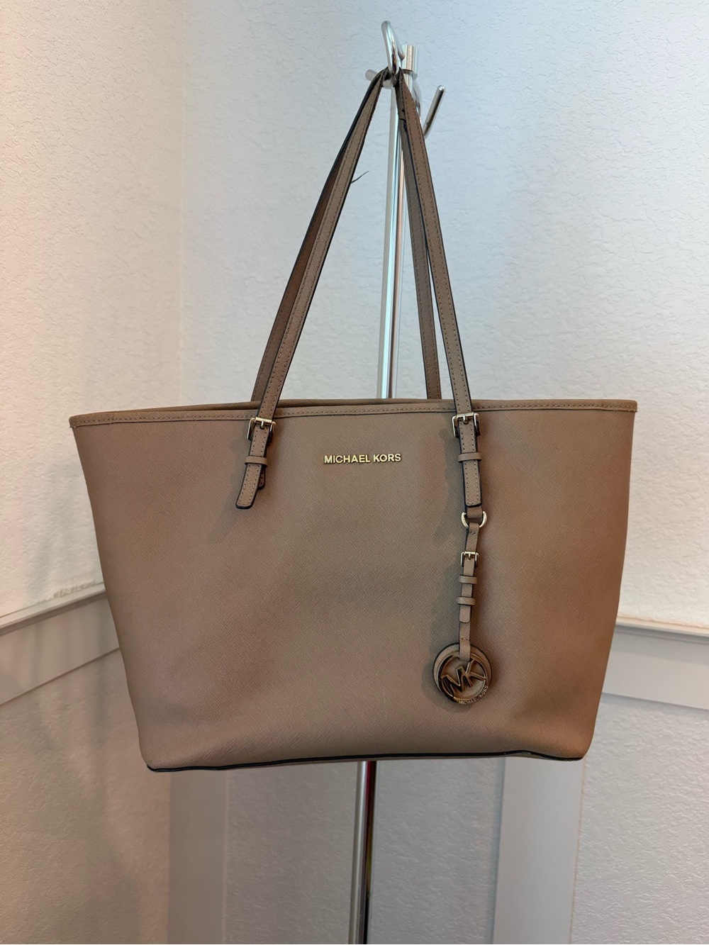 Michael Kors Taupe Saffiano Leather Tote with Logo Charm